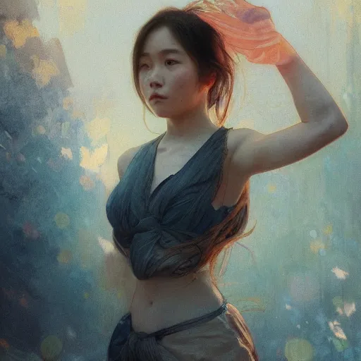 Prompt: full body portrait of a beautiful young asian girl glasses, freckles, jeremy mann and alphonse mucha, photo realistic, dynamic lighting, windy, artstation, poster, dreamy, volumetric lighting, ethereal, 4 k, high detail