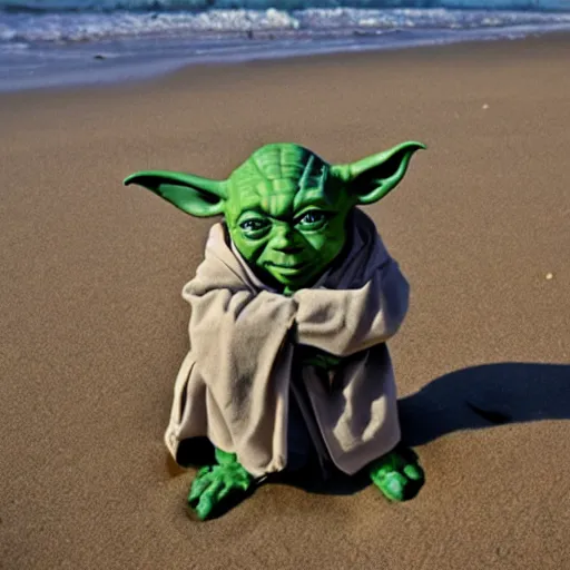 Image similar to sad Yoda on a beach