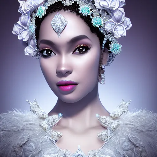 Prompt: portrait of wonderful princess of white diamonds with dark skin, white flowers, ornate with white diamonds, 8 k, gorgeous, intricate, detailed, glowing white accent lighting, dramatic lighting, octane render