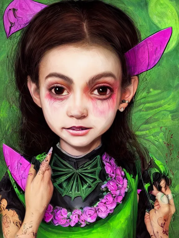 Image similar to Full shot of a cute mischievous young witch about to get up to some trouble with her playful bat familiar. Latin American fashion. Floral patterns. Swarm of Bats. Bat Wings. Black and Pink and Lime Green palette. Magic. Latina girl. brown skin. defined facial features, symmetrical facial features. Smiling. By Ruan Jia and Artgerm and Range Murata and WLOP and Ross Tran and William-Adolphe Bouguereau. Key Art. Fantasy Illustration. award winning, Artstation, intricate details, realistic, Hyperdetailed, 8k resolution.