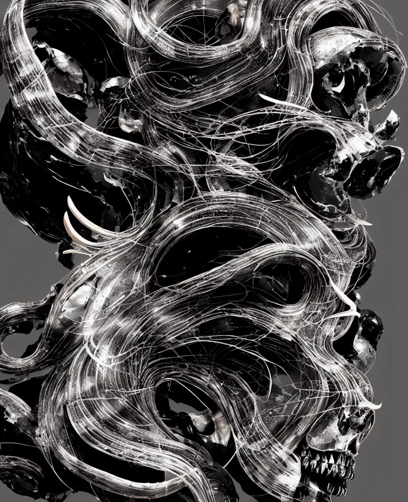 Image similar to goddess princess face close-up portrait ram skull. sculpture made of black stone with elements made of polished gold. jellyfish phoenix head, nautilus, orchid, skull, betta fish, bioluminiscent creatures, intricate artwork by Tooth Wu and wlop and beeple. octane render, trending on artstation, greg rutkowski very coherent symmetrical artwork. cinematic, hyper realism, high detail, octane render, 8k