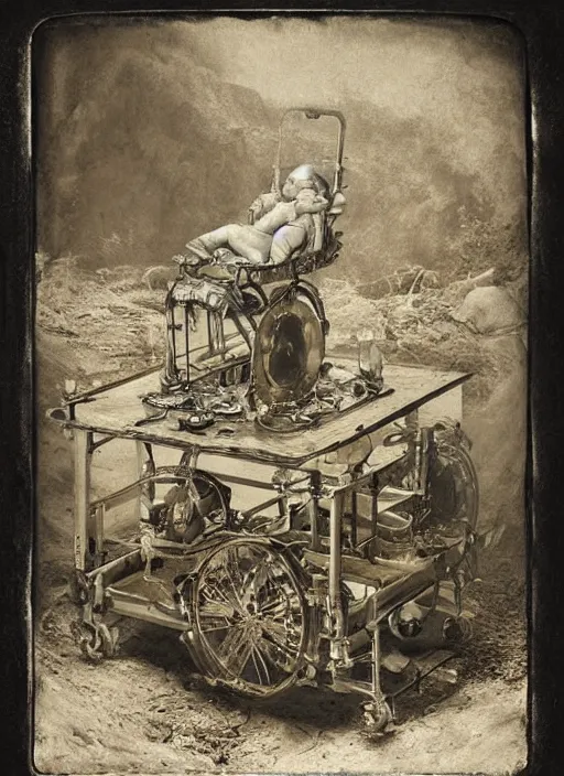 Image similar to old wetplate daguerreotype birth of artificial baby futuristic life, fractal, intricate, elegant, highly detailed, parallax, leica, medium format, subsurface scattering, by jheronimus bosch and greg rutkowski and louis jacques mande daguerre