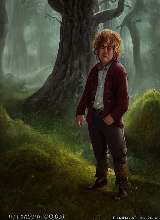 Prompt: A fantasy comic book style portrait painting of a jack black as a slender hobbit in a atmospheric forest setting, unreal 5, DAZ, hyperrealistic, octane render, RPG portrait, ambient light, dynamic lighting