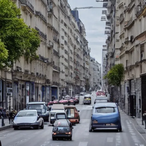 Prompt: une rue de paris vide avec des voitures garees