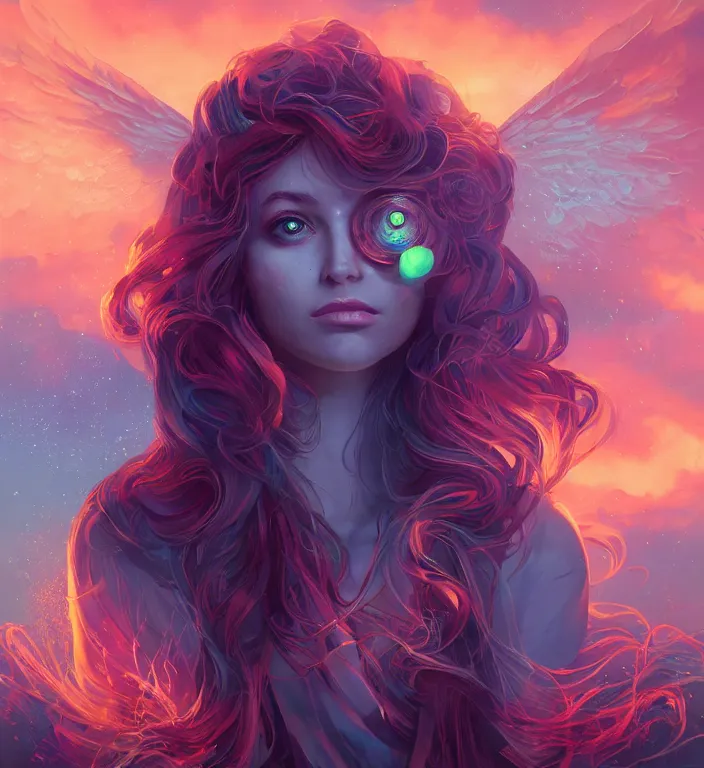 Image similar to centered waist up portrait photography an angel + eyes everywhere + glowing linework, dissolve to energy particles of light + bokeh + strong DOF + 8k, photorealistic + composition by Peter Mohrbacher + line work by Dan Mumford , ultra realistic + backlit + strong rimlight, sunset + HDRI, HD, Photoreal