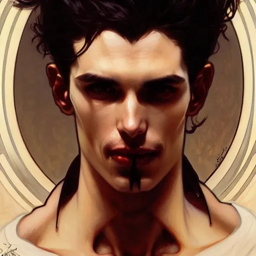 Image similar to attractive twenty first century male vampires beautiful eyes. highly detailed painting by artgerm and greg rutkowski and alphonse mucha 8 k