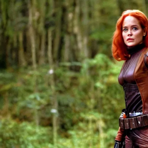 Image similar to movie still of cute young sharon stone as bounty hunter mara jade on the forested mountain planet wayland in star wars episode vii : heir to the empire ( 1 9 9 1 ) ; bare arms ; leather