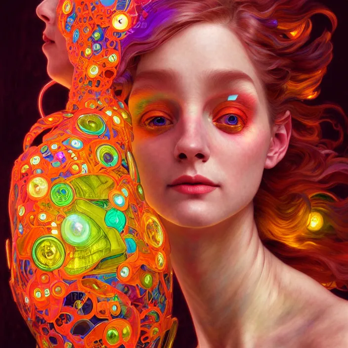 Image similar to bright psychedelic portrait of organic cyborg, wings, smiling, diffuse lighting, fantasy, intricate, elegant, highly detailed, lifelike, photorealistic, digital painting, artstation, illustration, concept art, smooth, sharp focus, art by John Collier and Albert Aublet and Krenz Cushart and Artem Demura and Alphonse Mucha