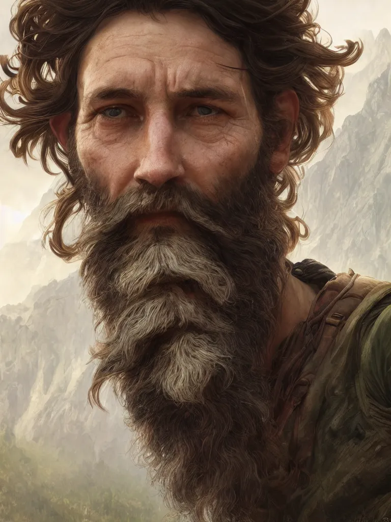 Prompt: close up portrait painting of a bearded hiker hearing a beany, ultra realistic, concept art, intricate details, serious, highly detailed, photorealistic, octane render, 8 k, unreal engine. art by artgerm and greg rutkowski and alphonse mucha