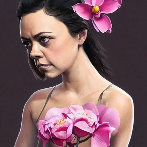 Image similar to pink petals with a ahape of a wonderful aubrey plaza and christina ricci and sarah hyland and mila kunis and olivia newton john, intricate, elegant, highly detailed, wonderful eyes, sweet, digital painting, artstation, concept art, smooth, sharp focus, illustration, art by artgerm and greg rutkowski and concept art