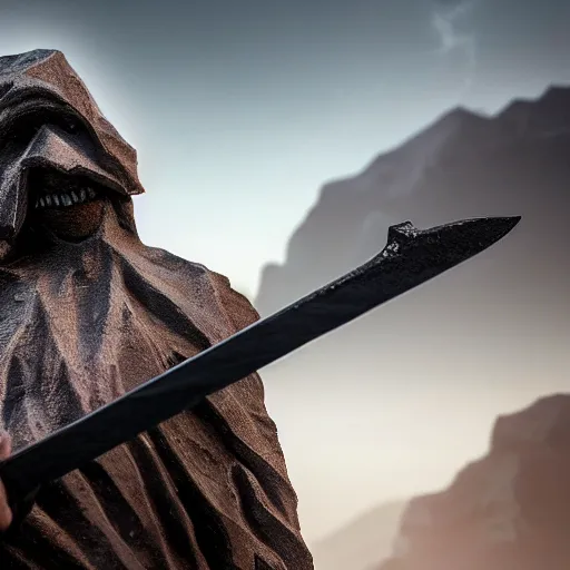 Prompt: a dark figure holding a sword, closeup shot, mountain's background, dawn, fantasy, 4 k resolution, award winning