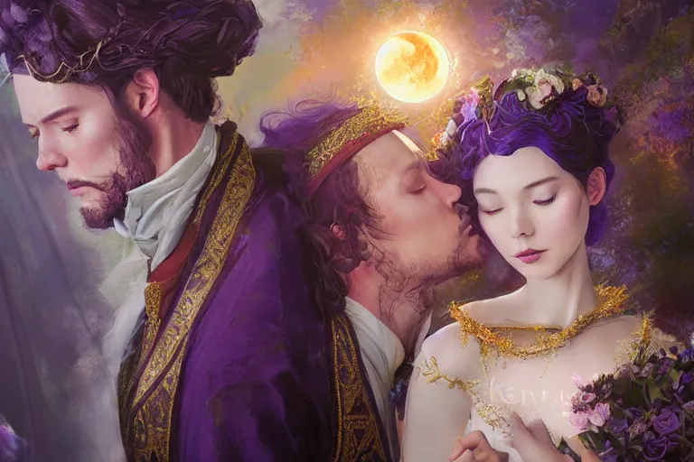 Image similar to a dreamlike cinematic portrait of wedding photograph close up moment of a divine a russia sun god and moon goddess lovers magician at a wedding banquet. portraiture. digital painting. artstation. concept art. fantasy wedding photo. digital painting, 8 k realistic, hyper detailed, violet evergarden art masterpiece by art by krenz cushart