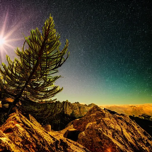 Prompt: a photograph of a pine tree on top of a rocky mountain, star shining in space, highly detailed, sharp focus, cinematic, hyperrealism, photorealistic