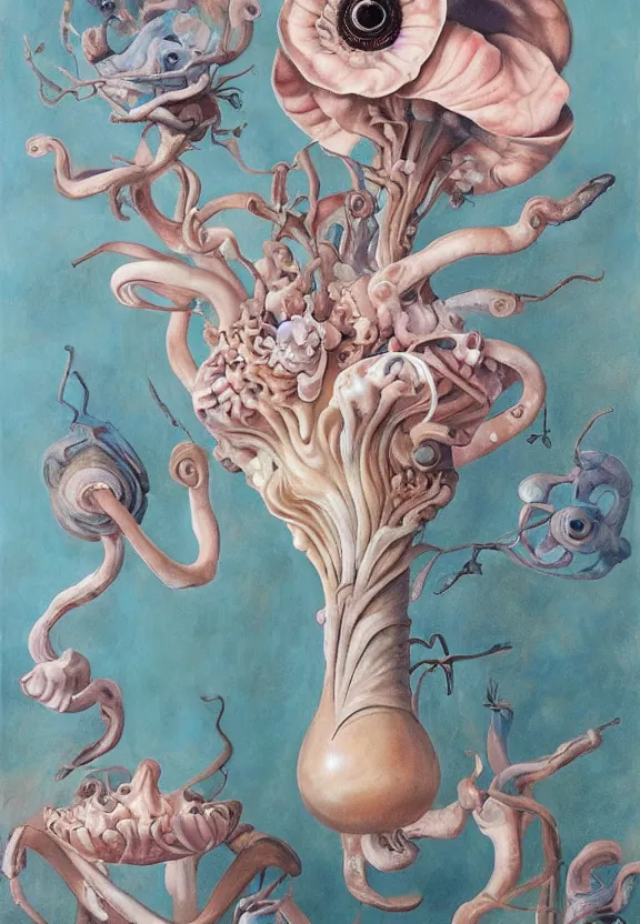 Image similar to a biomorphic painting of a vase with flowers and eyeballs in it, a surrealist painting by marco mazzoni, by dorothea tanning, pastel blues and pinks, blue oyster mushrooms, featured on artstation, metaphysical painting, oil on canvas, fluid acrylic pour art, airbrush art, seapunk, rococo, lovecraftian