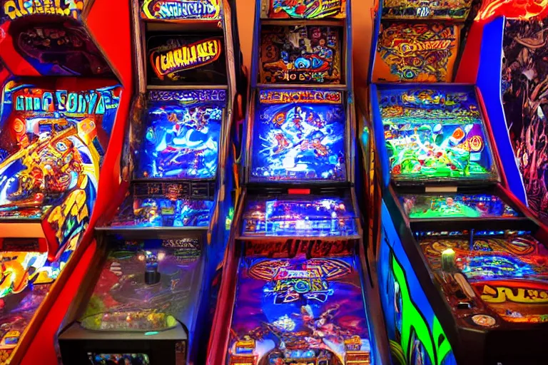 Image similar to inside an arcade, cosmic horror, arcade games, pinball machines,