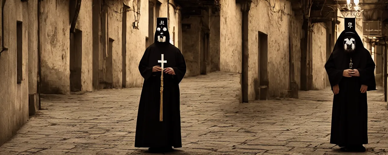 Image similar to orthodox priest wearing cute caracal masks, in orthodox church, orthodox icons, volumetric lighting, twilight, dramatic, noir, blur, bokeh, cinematic, shallow depth of field, 8 0 mm, f 1. 8