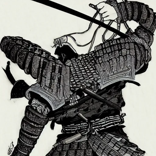 Prompt: a samurai holding an epic blade over his head by kim jung gi, back shot