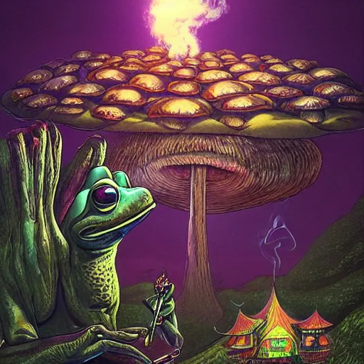 Image similar to A centered chest up portrait of a psychedelic demonic anthropomorphic frog smoking a hand-rolled cigarette smoking heavily , magic mushroom village in background . award winning. superb resolution. in the art style of junji Ito and greg rutkowski . Detailed Mushroom city in background. Hyper realistic anime. Perfect art. Dalle2