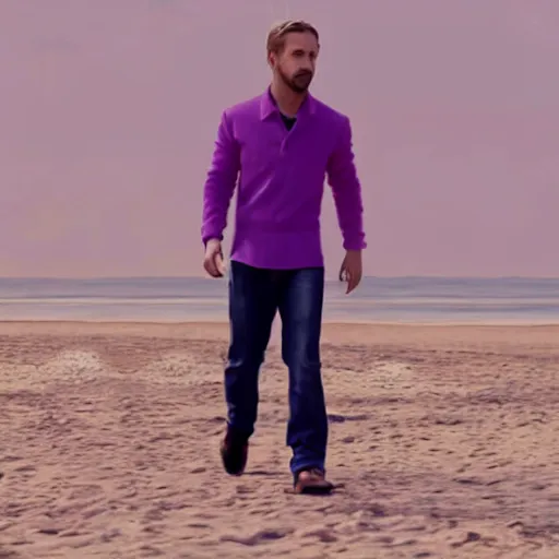 Prompt: ryan gosling robotic clothes in the beach purple sun, pink lighting ultra realistic photorealistic highly detailed high quality 8 k