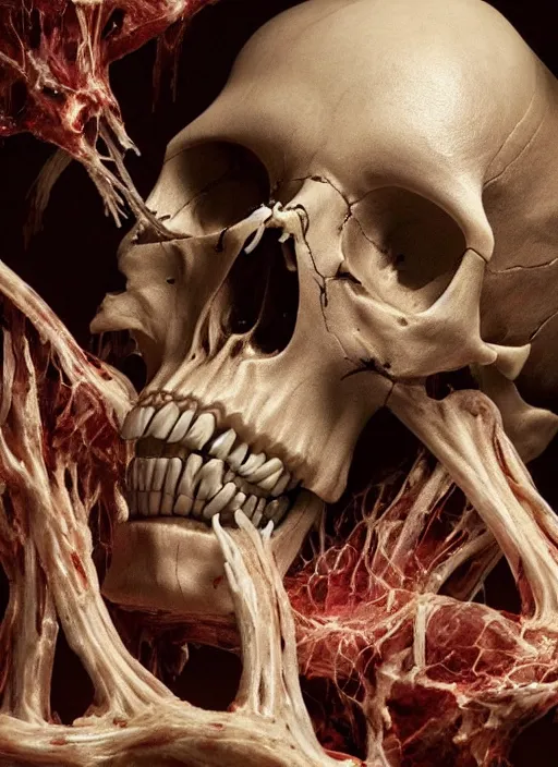 Image similar to skull with translucent skin, visible muscles and veins and arteries and bones and spines and nerves, beautiful detailed intricate insanely detailed octane render, 8k artistic photography, photorealistic, chiaroscuro, by David Cronenberg, Raphael, Caravaggio