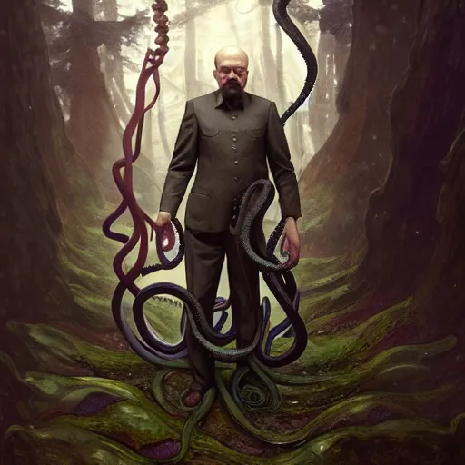 Image similar to photo of vladimir lenin as humanoid octopus with tentacles beard hybrid were a heroic dress an armour in the forest, highly detailed, digital painting, artstation, smooth, sharp focus, illustration, art by artgerm and greg rutkowski and alphonse mucha