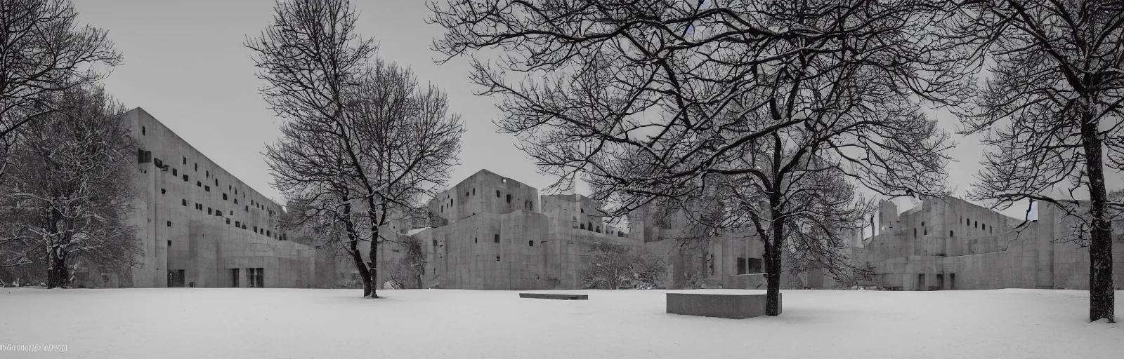 Image similar to snow falling on brutalist monastery, the monastery is on top of a black snowy mountain, the concrete monastery has walkways, skybridges, stairways, white marble statues on pedestals in the background, depth of field, sharp focus, clear focus, beautiful, award winning architecture, hopeful, quiet, calm, serene