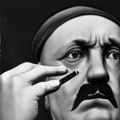 Image similar to a photo of Hitler smoking a fat joint, close up photography, photorealism