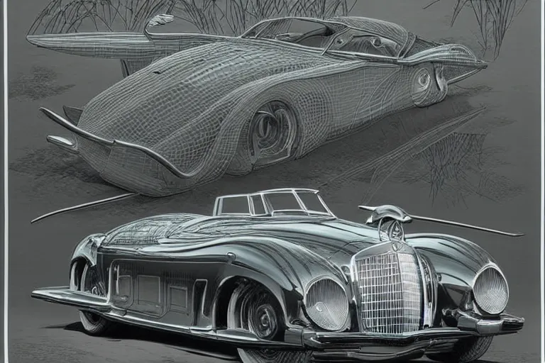 Image similar to intricate, 3 d, 1 9 5 5 mercedes, style by caspar david friedrich and wayne barlowe and ted nasmith.