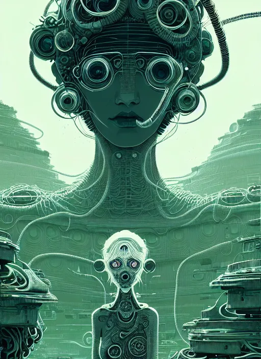 Image similar to highly detailed portrait of a biopunk long curly white hair tribal lady, stray wiring by atey ghailan, james gilleard, by joe fenton, by greg rutkowski, by greg tocchini, by kaethe butcher, 4 k resolution, gradient green, black and white color scheme!!! ( ( irradiated robotic pyramid landscape background ) )