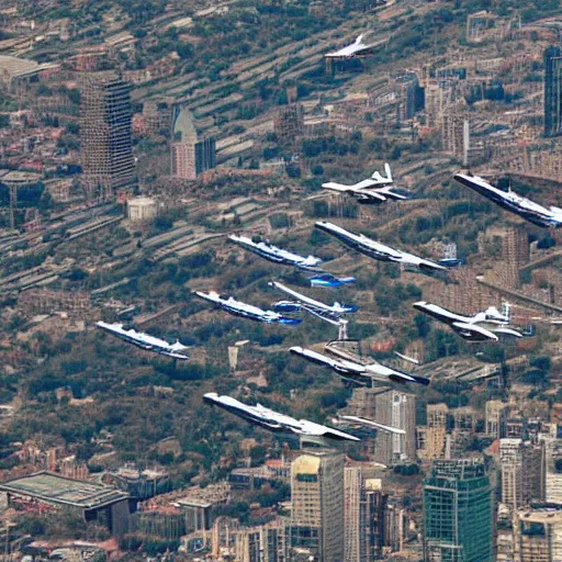 Prompt: fighter jets flying through a city