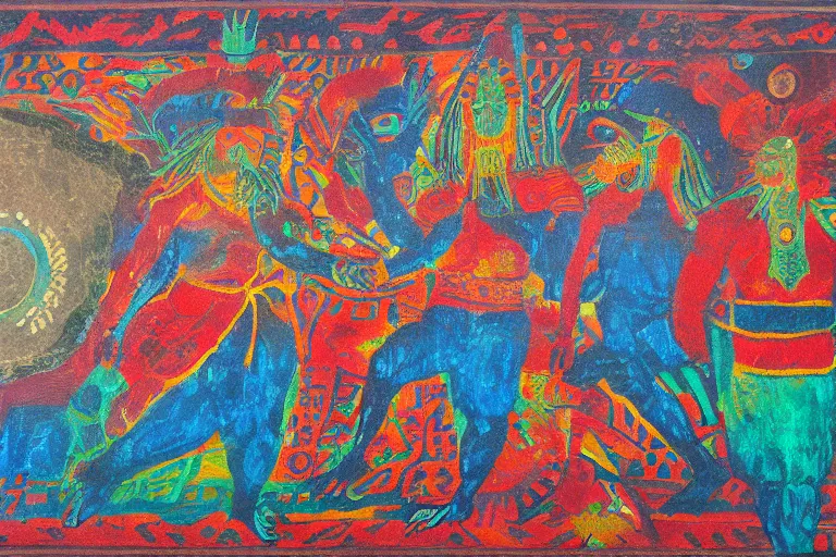 Image similar to 'Dawn of the Aztec godly lights' acrylic on hide, private collection, masterpiece