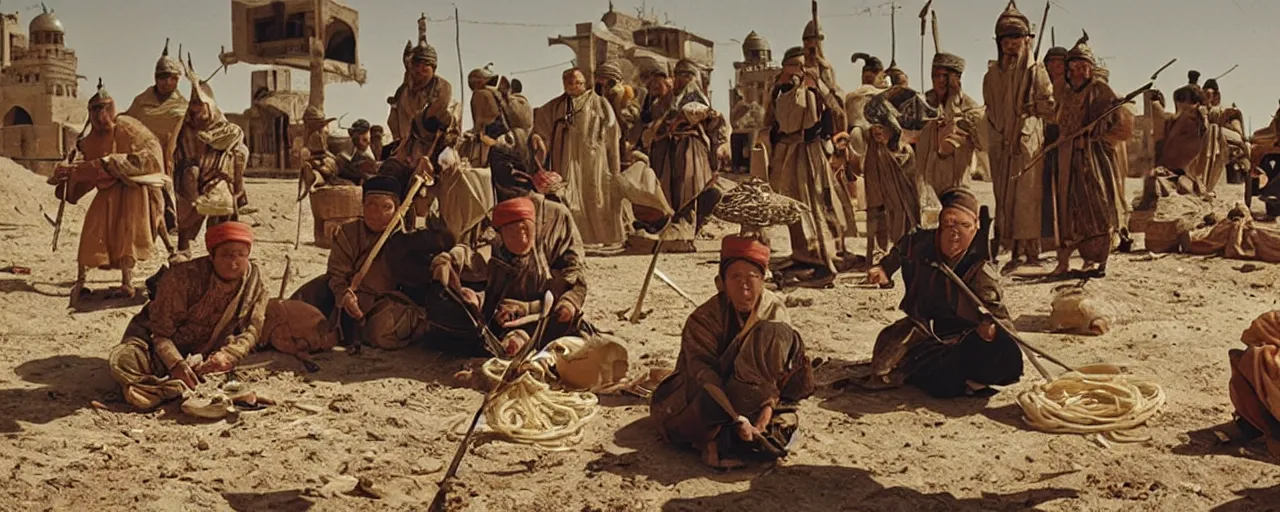 Prompt: the mongols capturing baghdad with spaghetti, small details, intricate, 5 0 mm, cinematic lighting, photography, wes anderson, film, kodachrome