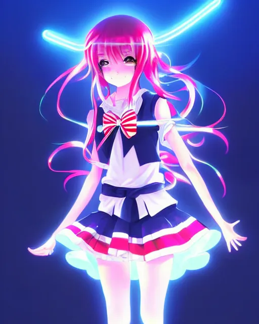 Image similar to anime style, vivid, expressive, full body, 4 k, painting, a cute magical girl with a long wavy hair wearing a sailor outfit, correct proportions, stunning, realistic light and shadow effects, neon lights, studio ghibly makoto shinkai yuji yamaguchi