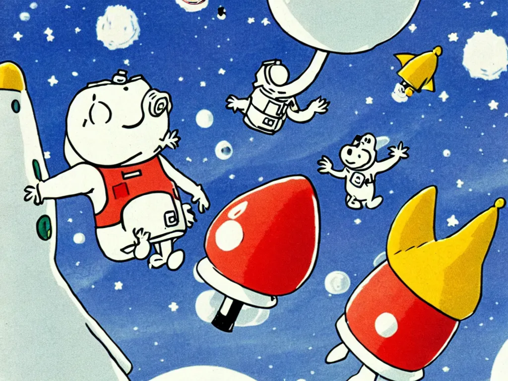 Image similar to moomins in space suits flying around with jetpacks discovering the mushroom planet