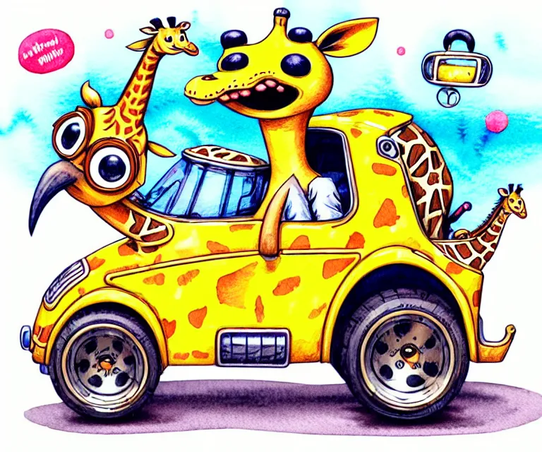 Image similar to cute and funny, giraffe wearing a helmet riding in a tiny hot rod with oversized engine, ratfink style by ed roth, centered award winning watercolor pen illustration, isometric illustration by chihiro iwasaki, edited by range murata, tiny details by artgerm and watercolor girl, symmetrically isometrically centered, focused