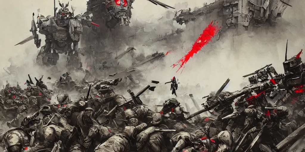 Image similar to demonic samurai robot slaughtering french soldiers and civilians in the interbellum paris, very detailed painting, concept art, intense heavy street battle, pile of bodies, a lot of blood on the streets, art by jakub rozalski