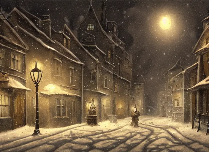 Image similar to a night scene of a snowy town street with cthulhu, a detailed matte painting by anton pieck, deviantart contest winner, fantasy art, concept art, official art, matte drawing