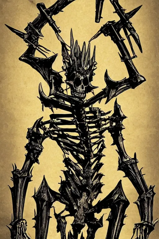 Image similar to Poster Illustration by Jeremy Jarvis of a skeletal abomination with barbed spikes. It's of royal lineage no doubt. More than anything, it wants to praise its obscure god through combat, constructing idols from the slain.