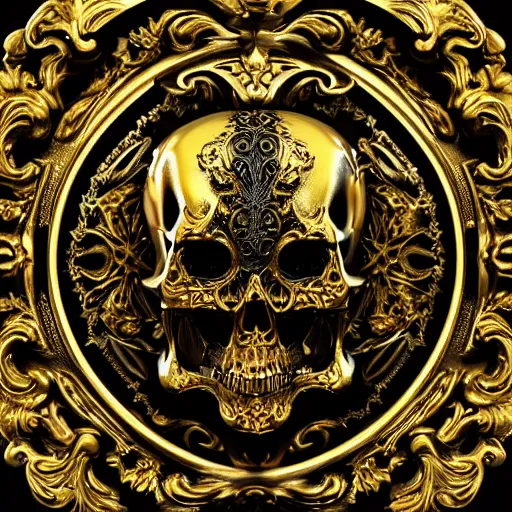 Image similar to 3d golden and black skull engraved with baroque ornaments. trending on artstation. octane render. dark art. gothic art. symmetrical artwork