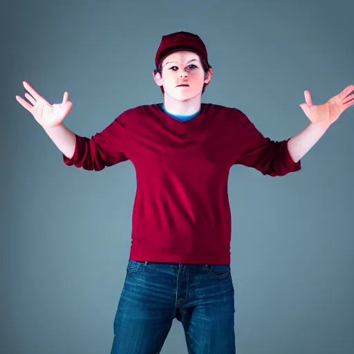 Image similar to dipper from gravity falls as a real person, confideny pose, articulated, detailed, high definition, studio photograph, studio lighting