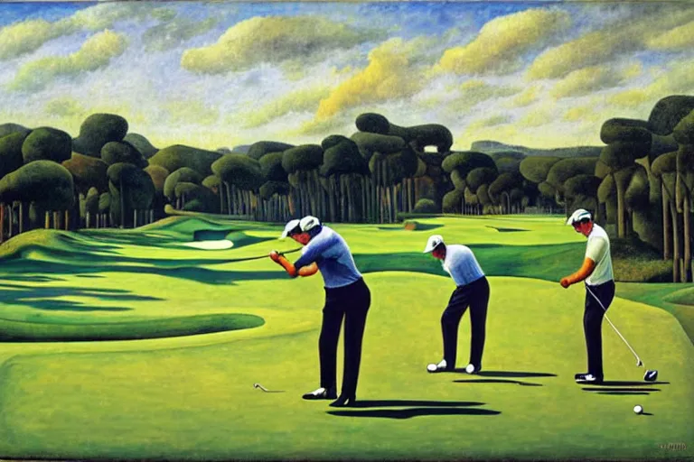 Image similar to Three golfers on a beautiful golf course driving range, by Diego Rivera