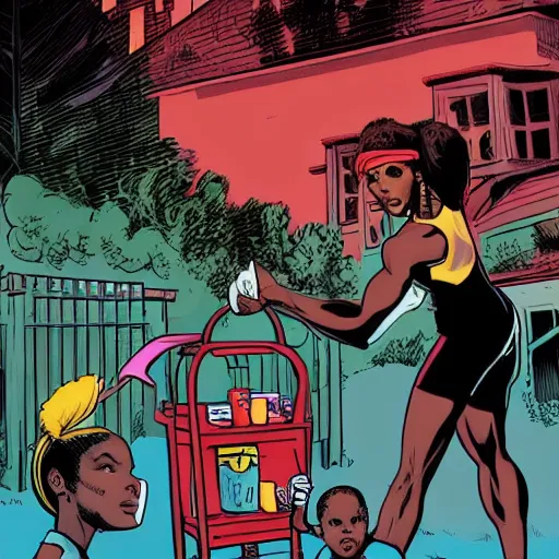 Prompt: In the style of Rafael Albuquerque comic art, Serena Williams opening a lemonade stand.