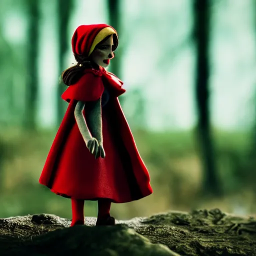 Prompt: a cinematic film still of a claymation stop motion film starring emma watson as little red riding hood, holding basket, shallow depth of field, 8 0 mm, f 1. 8