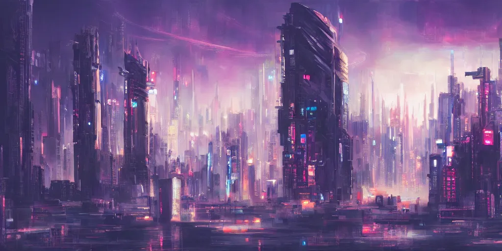 Prompt: city in the style of cyberpunk, singular gigantic building focus, space sky, anime illustration, oil painting, oil painting oil painting