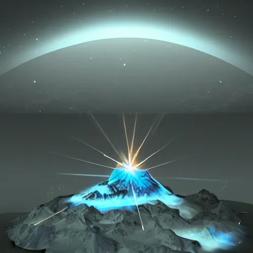 Image similar to 3 d game design of a mountain with a beam of light coming out of the top and a city at the bottom of it, there is lots of random shapes in the night sky, 3 d game design