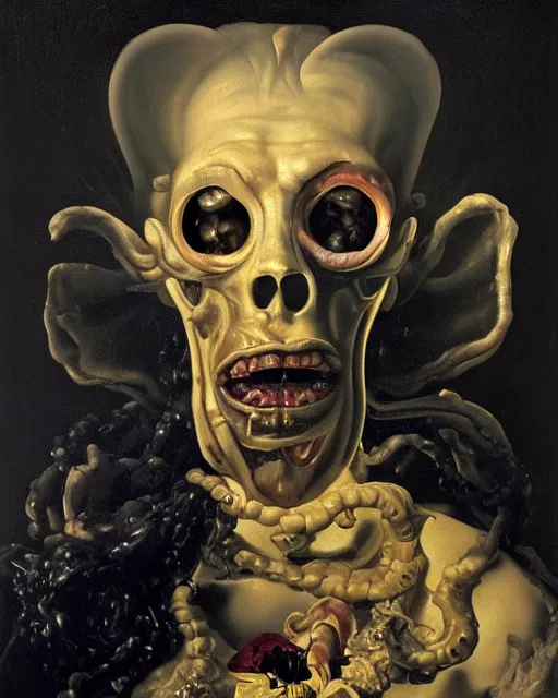 Image similar to refined gorgeous masterwork oil painting with black background by christian rex van minnen rachel ruysch dali todd schorr of a chiaroscuro portrait of an extremely bizarre disturbing mutated man with shiny skin acne dutch golden age vanitas intense chiaroscuro cast shadows obscuring features dramatic lighting perfect composition masterpiece