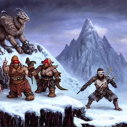 Image similar to an orc barbarian, gnome druid, halfling sorcerer, tabaxi monk, and warforged swashbuckler rogue fighting an adult white dragon on top of an ancient, ice covered fortress at the peak of a mountain, epic fantasy art wide angle, tony diterlizzi, lisa parker, selina fenech
