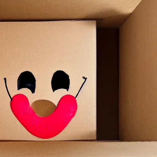 Prompt: a cardboard box opened up with a clown face popping out of it, realistic