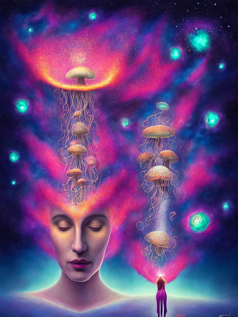 Prompt: portrait of queen of dreams, extremely beautiful is floating and merging among many nebula stars with lots of gigantic mushrooms and jellyfish, symmetrical composition, by gediminas pranckevicius, rafal olbinski, rob gonsalves, vladimir kush, digital painting, octane rendered, crepuscular rays, neon colors vibrant colors, trending on artstation