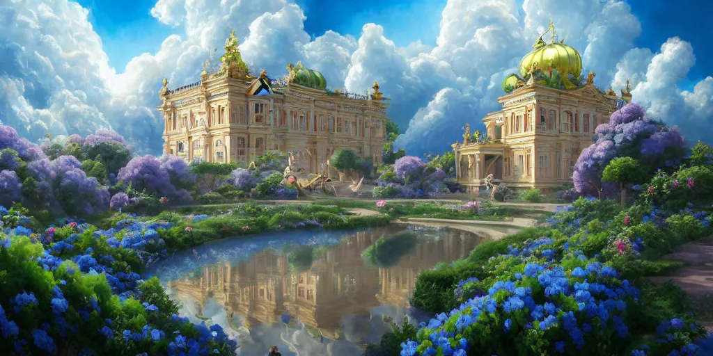 Prompt: A realistic painting of The Cat and its Rococo Palace in the sky with blue flowers and clouds, in the style of Krenz Cushart, Moebius, and Muchain, Prismatic, Rococo, Pearlescent, reflective, shimmering, highly detailed, masterpiece, dreamy, concept art, Cinema lighting, 8k, trending on artstation